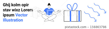 Meditation, mindfulness, stress relief, gift giving, relaxation, abstract concepts. A meditating person, a gift box and flowing lines. Meditation and mindfulness theme illustrated effectively Meditation, mindfulness, stress relief, gift giving, relaxation, abstract concepts. A meditating person, a gift box and flowing lines. Meditation and mindfulness theme illustrated effectively 138863786