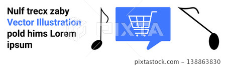 Digital marketing, online shopping, music industry, e-commerce promotion, creative business ideas, visual communication. Shopping cart in a speech bubble and musical notes. Online shopping and music Digital marketing, online shopping, music industry, e-commerce promotion, creative business ideas, visual communication. Shopping cart in a speech bubble and musical notes. Online shopping and music 138863830