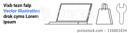 E-commerce, digital tools, online shopping, business solutions, retail, technology. Minimalist outlines of a laptop, shopping bag and wrench. E-commerce and digital tools concept for modern E-commerce, digital tools, online shopping, business solutions, retail, technology. Minimalist outlines of a laptop, shopping bag and wrench. E-commerce and digital tools concept for modern 138863834