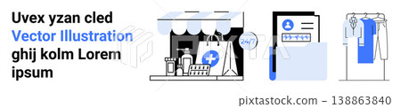 E-commerce, digital identity, online pharmacy, retail innovation, virtual stores, modern shopping. Pharmacy counter, digital profile clothing rack. E-commerce and digital identity concept 138863840