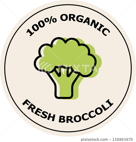 Circular organic broccoli label with a green vegetable icon, bold sans-serif text, and a clean cream-colored background for product packaging Circular organic broccoli label with a green vegetable icon, bold sans-serif text, and a clean cream-colored background for product packaging 138863870