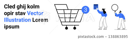 Online shopping, digital communication, e-commerce, customer interaction, retail marketing, user interface design. Shopping cart with a notification icon and two people with objects. E-commerce 138863895
