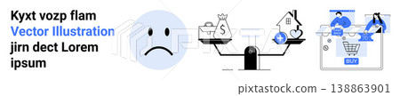Personal finance, healthcare costs, online shopping, financial choices, e-commerce, digital tools. A sad emotion, balance scales with money and health icons online shopping illustration. Personal Personal finance, healthcare costs, online shopping, financial choices, e-commerce, digital tools. A sad emotion, balance scales with money and health icons online shopping illustration. Personal 138863901
