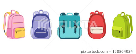 Set of colorful school backpacks flat vector illustration Set of colorful school backpacks flat vector illustration 138864024