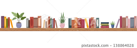 Long wooden bookshelf with rows of colorful books and green potted plants on white background Long wooden bookshelf with rows of colorful books and green potted plants on white background 138864028
