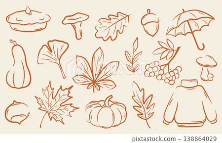 Autumn seasonal elements collection with pumpkin falling leaves and cozy sweater Autumn seasonal elements collection with pumpkin falling leaves and cozy sweater 138864029
