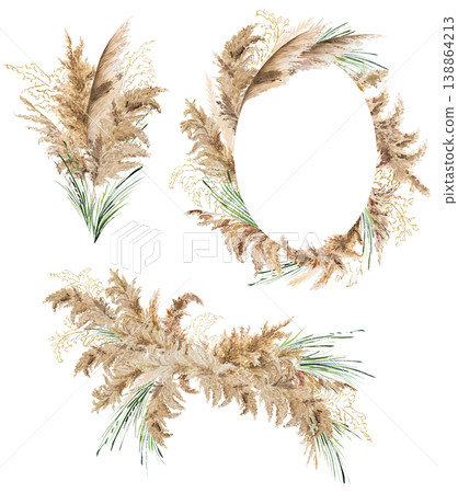 Watercolor beige pampas grass frame and bouquets clipart, Boho Wedding isolated illustration 138864213