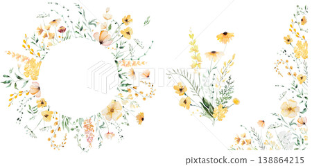 Round floral clipart with yellow watercolor wildflowers and leaves, hand drawn wedding illustration 138864215