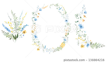 Watercolor oval floral wreath and bouquets clipart with blue and yellow flowers. Botanical wedding 138864216