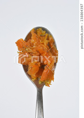 Marinated Carrot with Dill Prepared as Vegan Salmon on a Spoon Marinated Carrot with Dill Prepared as Vegan Salmon on a Spoon 138864397