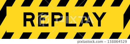 Yellow and black color with line striped label banner with word replay 138864529