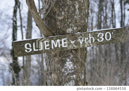 Wooden hiking signpost for Sljeme on Medvednica mountain 138864538