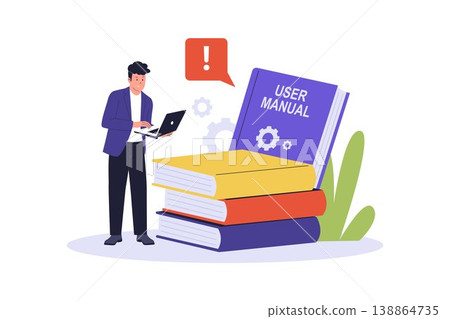 Illustration of Man Reading User Manual Book with Laptop Illustration of Man Reading User Manual Book with Laptop 138864735