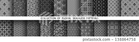 Geometric floral set of seamless patterns. Gray and black vector backgrounds. Damask graphic ornaments Geometric floral set of seamless patterns. Gray and black vector backgrounds. Damask graphic ornaments 138864758