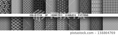 Geometric set of seamless black and gray patterns. Simple vector graphics Geometric set of seamless black and gray patterns. Simple vector graphics 138864769