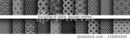 Geometric floral set of seamless patterns. Gray and black vector backgrounds. Damask graphic ornaments Geometric floral set of seamless patterns. Gray and black vector backgrounds. Damask graphic ornaments 138864800