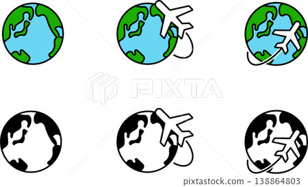 Line art icon of the Earth and an airplane for overseas travel (color) 138864803