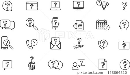Line art icons related to questions, doubts, and thoughts. 138864810