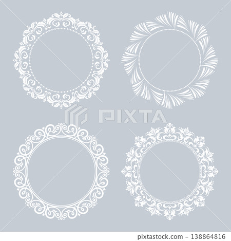 Set of decorative frames Elegant vector element for design in Eastern style, place for text. Floral gray and white frames. Lace illustration for invitations and greeting cards 138864816