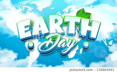 Happy Earth Day Illustration with World Map, Natural Leaf and 3D Typography Lettering on Blue Cloudy Sky Background. Save The Planet, April 22 Environmental and Eco Concept. Vector Design for Postcard Happy Earth Day Illustration with World Map, Natural Leaf and 3D Typography Lettering on Blue Cloudy Sky Background. Save The Planet, April 22 Environmental and Eco Concept. Vector Design for Postcard 138864842