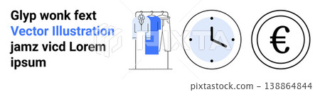 Fashion retail, time management, financial transactions, e-commerce, clothing store, monetary systems. Clothes on a rack, clock icon euro symbol. Fashion retail and time management concepts Fashion retail, time management, financial transactions, e-commerce, clothing store, monetary systems. Clothes on a rack, clock icon euro symbol. Fashion retail and time management concepts 138864844