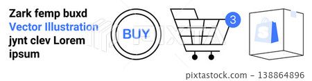 E-commerce, online shopping, digital transactions, retail, notifications, marketing. Shopping cart icon with alert badge, circular Buy button and transparent shopping bag. E-commerce and online E-commerce, online shopping, digital transactions, retail, notifications, marketing. Shopping cart icon with alert badge, circular Buy button and transparent shopping bag. E-commerce and online 138864896