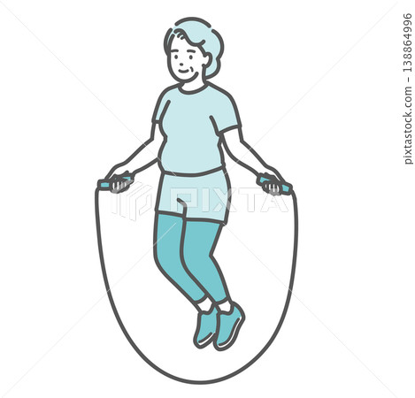 An illustration of a slightly overweight senior woman smiling while jump roping. An illustration of a slightly overweight senior woman smiling while jump roping. 138864996