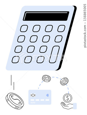 Finance, budgeting, e-commerce, digital payment, financial management, money transactions. Calculator with a contactless card, coins and a hand receiving money. Finance and digital payment theme 138865005