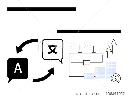 Translation, globalization, business communication, financial growth, technology, international trade. Speech bubbles with language symbols and arrows beside a briefcase and financial icons Translation, globalization, business communication, financial growth, technology, international trade. Speech bubbles with language symbols and arrows beside a briefcase and financial icons 138865052
