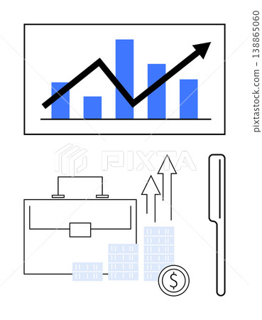 Business strategy, finance management, market analysis, profit increase, corporate performance, economic development. Graph with upward trend, briefcase and money icons. Business strategy 138865060