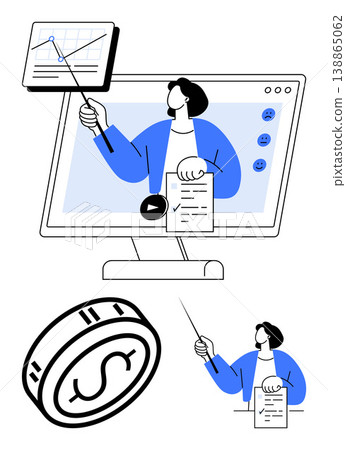 Business finance, data analysis, presentations, education, market trends, online learning. A person pointing at graphs on a screen and holding documents. Business strategy and data analysis concept Business finance, data analysis, presentations, education, market trends, online learning. A person pointing at graphs on a screen and holding documents. Business strategy and data analysis concept 138865062