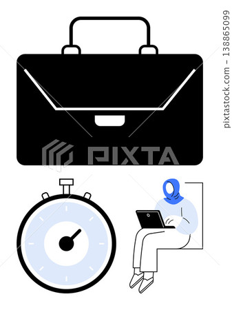 Productivity, time tracking, job planning, remote work, professional tasks, business tools. Large briefcase, stopwatch and person working on a laptop. Productivity and time tracking visuals 138865099