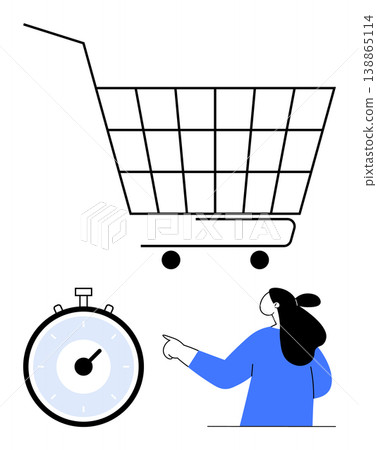 Online shopping, time management, e-commerce trends, retail efficiency, quick purchases, consumer behavior. Shopping cart, timer and woman urgency and modern commerce. Online shopping and time 138865114