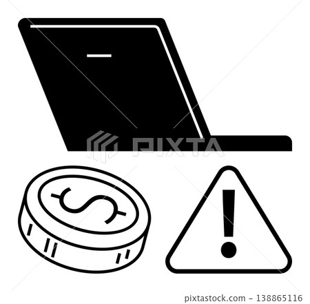 Online risks, digital transactions, cybersecurity, financial management, online scams, e-commerce. Laptop, coin with dollar sign and warning symbol. Cybersecurity and digital transactions concept 138865116