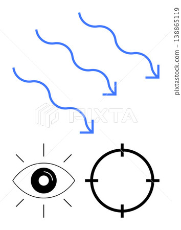 Vision, focus, decision-making, targeting, navigation, goal setting. Abstract image of downward arrows, an eye symbol and a target icon. Vision and targeting concept illustration 138865119
