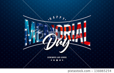 Memorial Day of the USA Vector Illustration with American Flag in Text Label on Blue Background. National Veteran Patriotic Celebration Design with Typography Lettering for Banner, Flyer, Greeting 138865254
