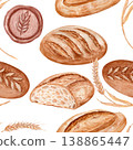 Watercolor seamless pattern with artisan bread, sourdough loaf, wheat ears, wax seals and crumbs. Rustic bakery background in warm tones, ideal for packaging, branding, wrapping paper and textile 138865447