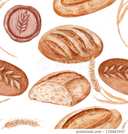 Watercolor seamless pattern with artisan bread, sourdough loaf, wheat ears, wax seals and crumbs. Rustic bakery background in warm tones, ideal for packaging, branding, wrapping paper and textile 138865447