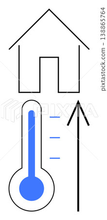 Energy efficiency, housing, heating systems, climate change, temperature monitoring, environmental impact. Thermometer and house with an upward arrow. Energy efficiency and housing concept Energy efficiency, housing, heating systems, climate change, temperature monitoring, environmental impact. Thermometer and house with an upward arrow. Energy efficiency and housing concept 138865764