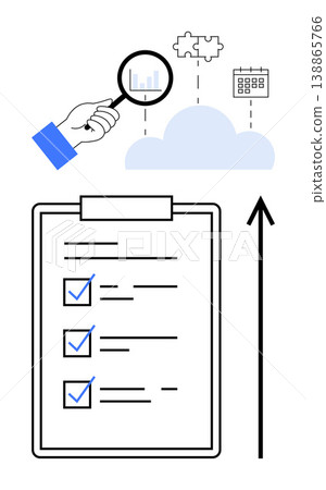 Business strategy, data analysis, productivity, goal setting, task management, workflow optimization. A checklist, magnifying glass and cloud-based puzzle pieces. Business strategy and data analysis 138865766