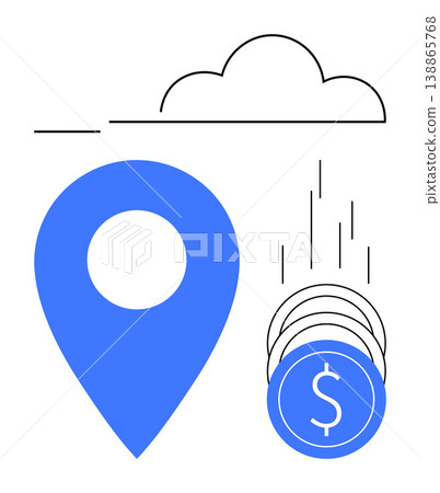 Geolocation, financial services, cloud technology, online transactions, economic mobility, business solutions. A blue map pin, coins and a minimal cloud. Geolocation and financial services Geolocation, financial services, cloud technology, online transactions, economic mobility, business solutions. A blue map pin, coins and a minimal cloud. Geolocation and financial services 138865768