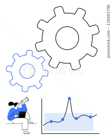 Business strategy, data analysis, workflow, research, innovation, growth. Two gears, graph with data points person analyzing on a laptop. Business strategy and data analysis concept Business strategy, data analysis, workflow, research, innovation, growth. Two gears, graph with data points person analyzing on a laptop. Business strategy and data analysis concept 138865796