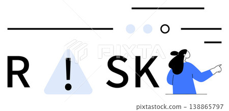Risk management, safety awareness, decision-making, business challenges, hazard prevention, alert systems. Graphic shows emphasis on risk with an exclamation point and person pointing. Risk Risk management, safety awareness, decision-making, business challenges, hazard prevention, alert systems. Graphic shows emphasis on risk with an exclamation point and person pointing. Risk 138865797