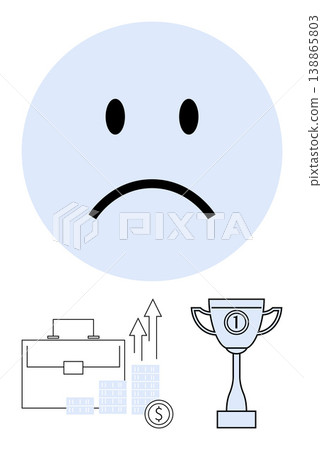Business failure, financial loss, career setbacks, negative emotions, resilience, competition. A sad face with symbols of money, briefcase and trophy. Business failure and financial loss Business failure, financial loss, career setbacks, negative emotions, resilience, competition. A sad face with symbols of money, briefcase and trophy. Business failure and financial loss 138865803