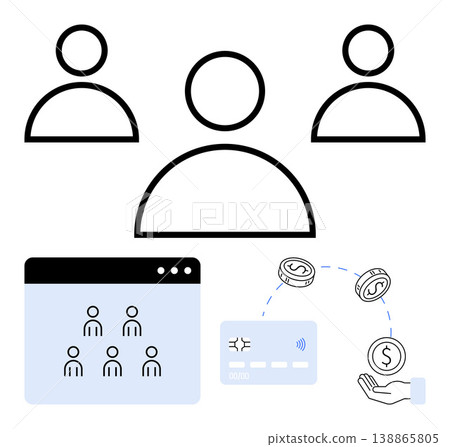 Online payments, e-commerce, collaboration, community building, financial management, digital economy. User icons and money transfer . Online payments and e-commerce theme Online payments, e-commerce, collaboration, community building, financial management, digital economy. User icons and money transfer . Online payments and e-commerce theme 138865805