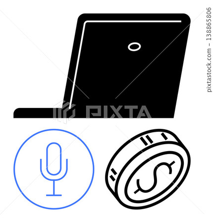 Digital payment, voice technology, fintech, online banking, smart devices, remote work. Illustration of a laptop, microphone icon and dollar coin. Digital payment and voice technology Digital payment, voice technology, fintech, online banking, smart devices, remote work. Illustration of a laptop, microphone icon and dollar coin. Digital payment and voice technology 138865806
