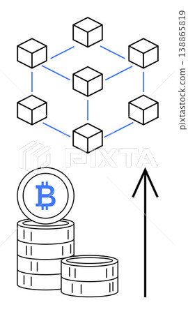 Cryptocurrency, blockchain, fintech, digital transactions, market trends, finance. Blockchain network connected by nodes and bitcoin coins with an upward arrow. Cryptocurrency and blockchain concepts Cryptocurrency, blockchain, fintech, digital transactions, market trends, finance. Blockchain network connected by nodes and bitcoin coins with an upward arrow. Cryptocurrency and blockchain concepts 138865819