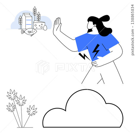 Dietary restrictions, health awareness, allergies, food intolerance, nutrition, healthy living. A woman gesturing to avoid fish, milk and wheat. Dietary restrictions and health awareness concept 138865834