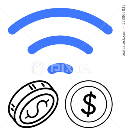 Digital currency, contactless payments, financial technology, internet economy, e-commerce, fintech solutions. Blue wireless symbol over two dollar coins. Digital currency and contactless payments 138865835