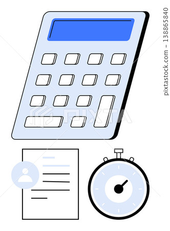 Financial planning, productivity, time tracking, business analysis, budgeting tools, organization. A calculator, stopwatch and document icon together. Financial planning and productivity concept Financial planning, productivity, time tracking, business analysis, budgeting tools, organization. A calculator, stopwatch and document icon together. Financial planning and productivity concept 138865840